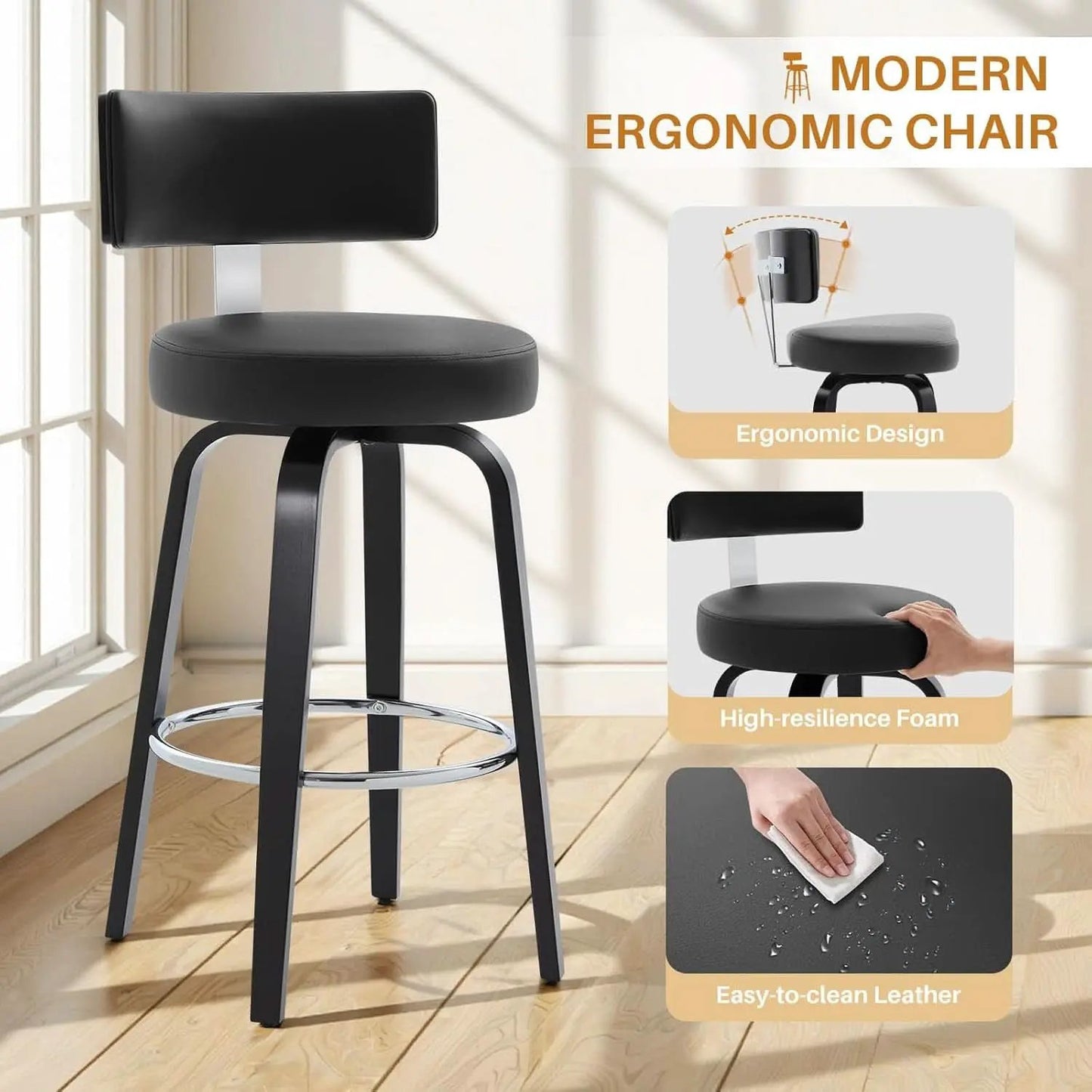 29 Inch Counter Height Black Faux Leather Swivel Bar Stools With Back Set Of 3 from PriceLows™