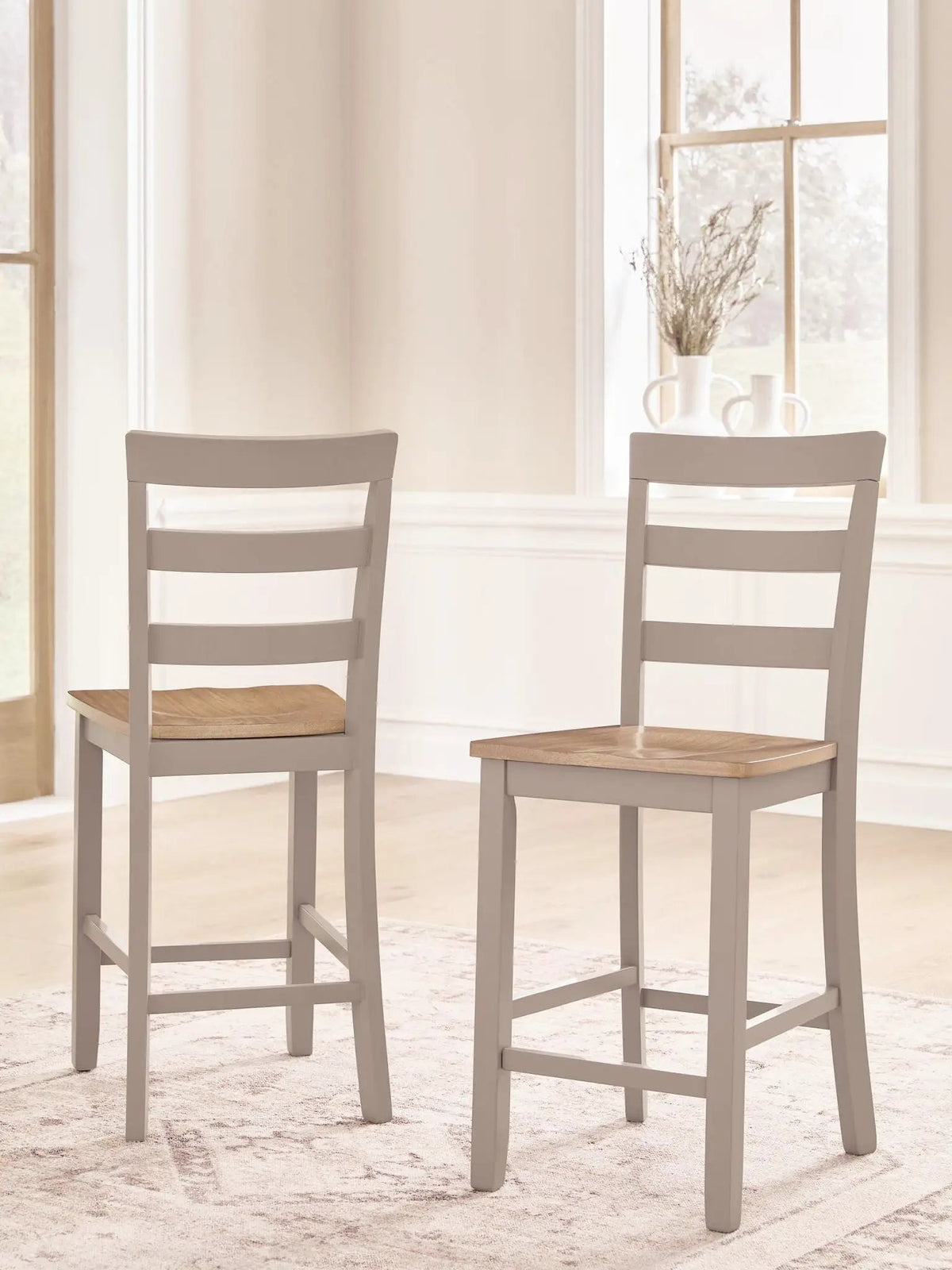 Counter Height Bar Stools | Contoured Seat | Natural Wood And Gray | Set Of 2