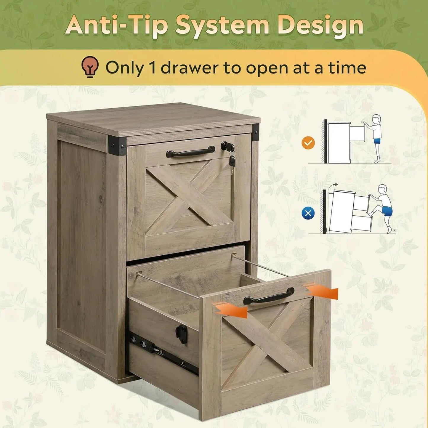 2 Drawer File Cabinet With Lock Gray Oak Farmhouse Home Office Printer Stand Fits Letter A4 from PriceLows™