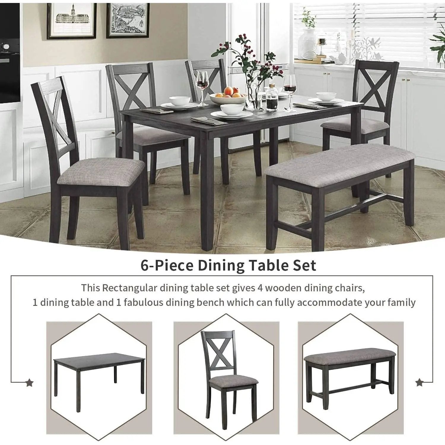 Grey Wooden Rectangular Dining Table Set Of 6 For Home from PriceLows™