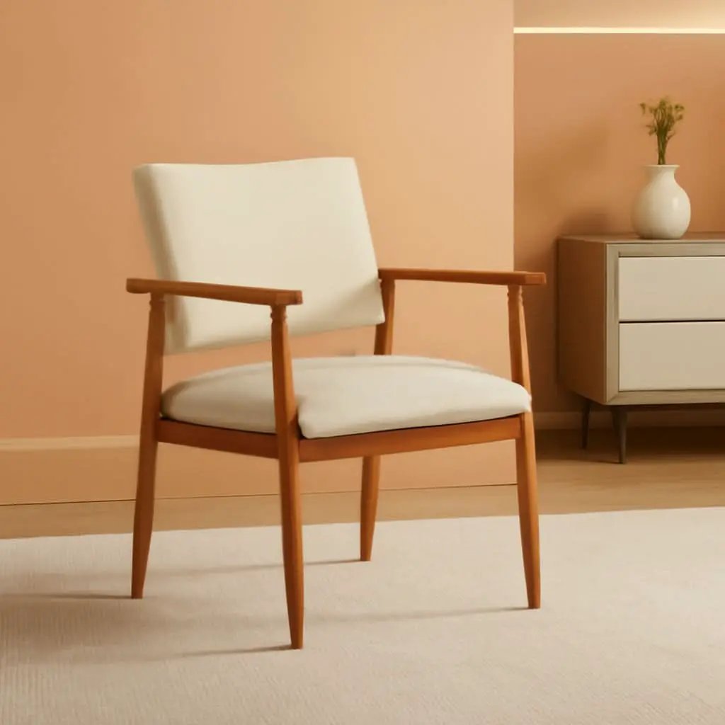 Mid Century Modern Walnut Dining Chairs With Beige Fabric from PriceLows™