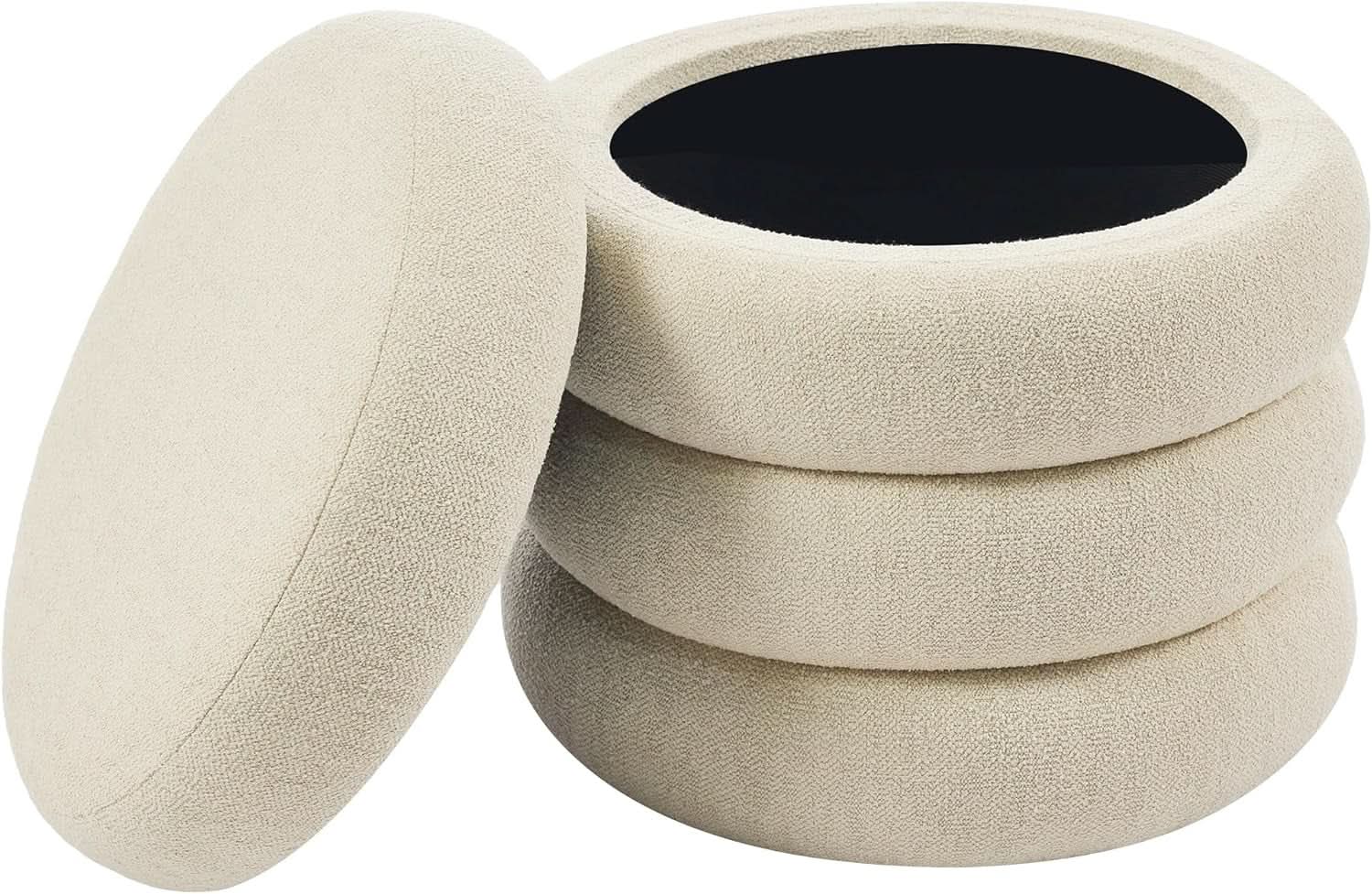 Beige Linen Upholstered Round Storage Ottoman Removable Lid from PriceLows™