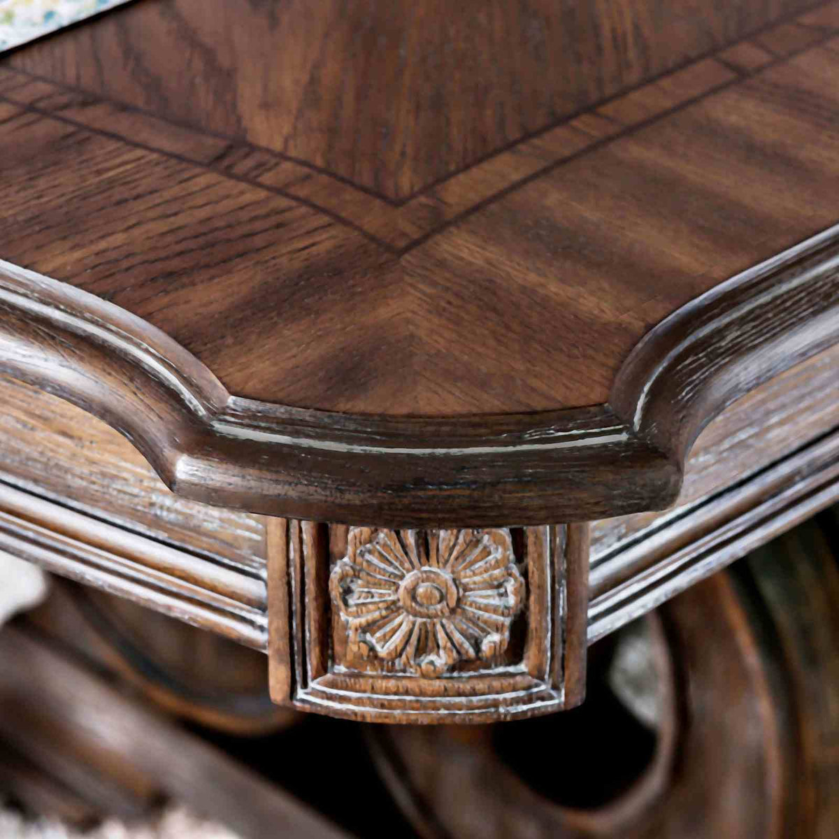 Rustic Dining Set | 96 Inch Table | Upholstered Chairs | Intricate Wood Inlay Details