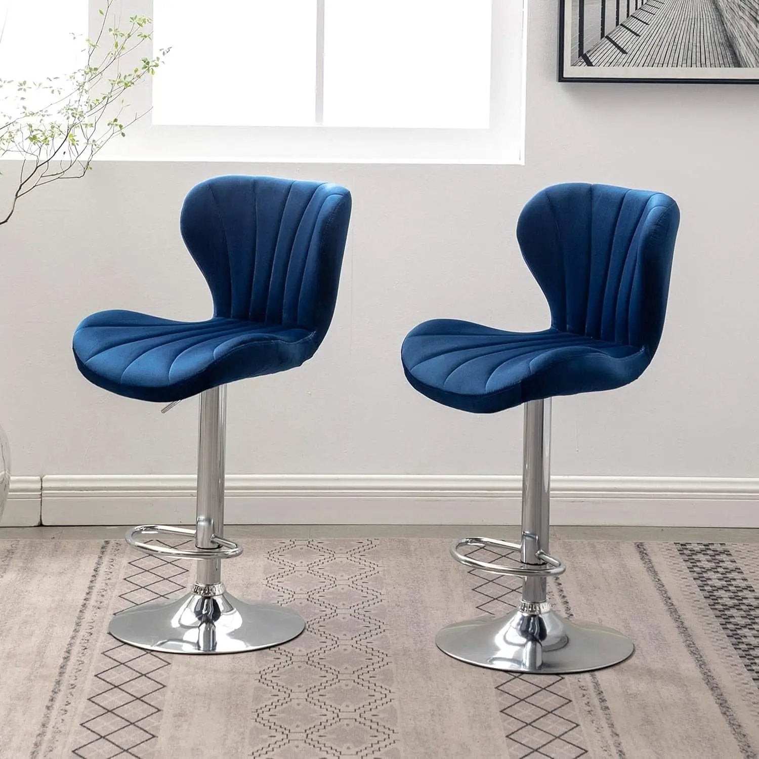 Blue Velvet Adjustable Swivel Bar Stools Set of 2 Modern from PriceLows™