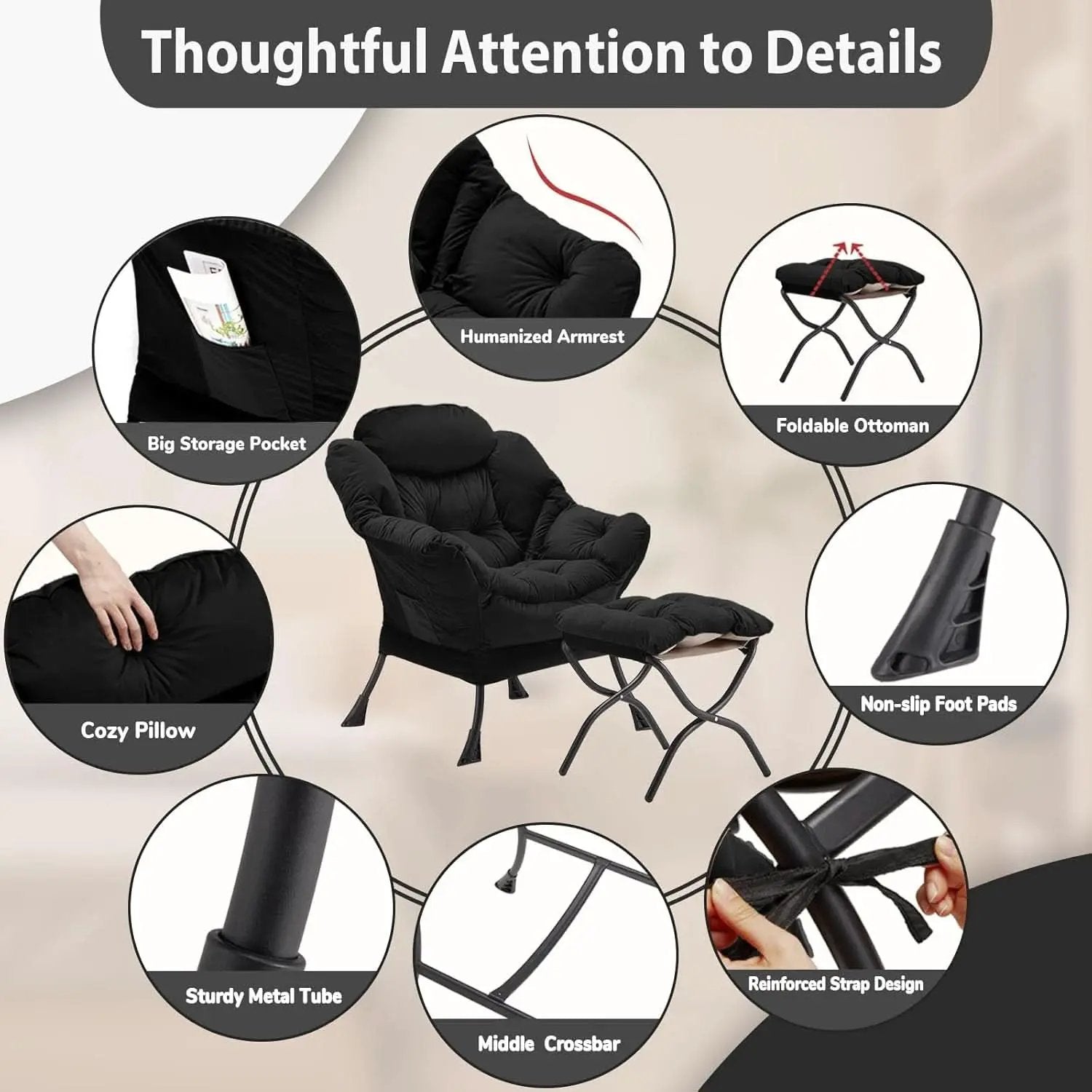 Black Velvet Folding Ottoman Lounge Chair With Footrest from PriceLows™
