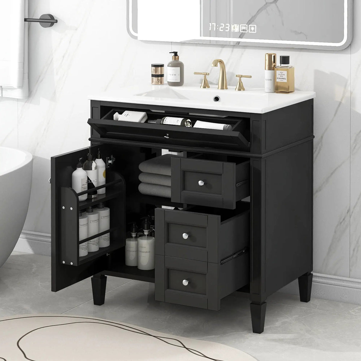 30 Inch Bathroom Vanity With Top Sink | 2 Drawers | Tip-Out Drawer | Vintage-Inspired Handles