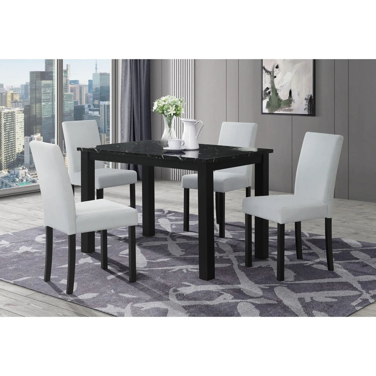 Sarang Dining Table And Chairs Set | Faux Marble Top | 4 Silver Chairs | Padded Seating