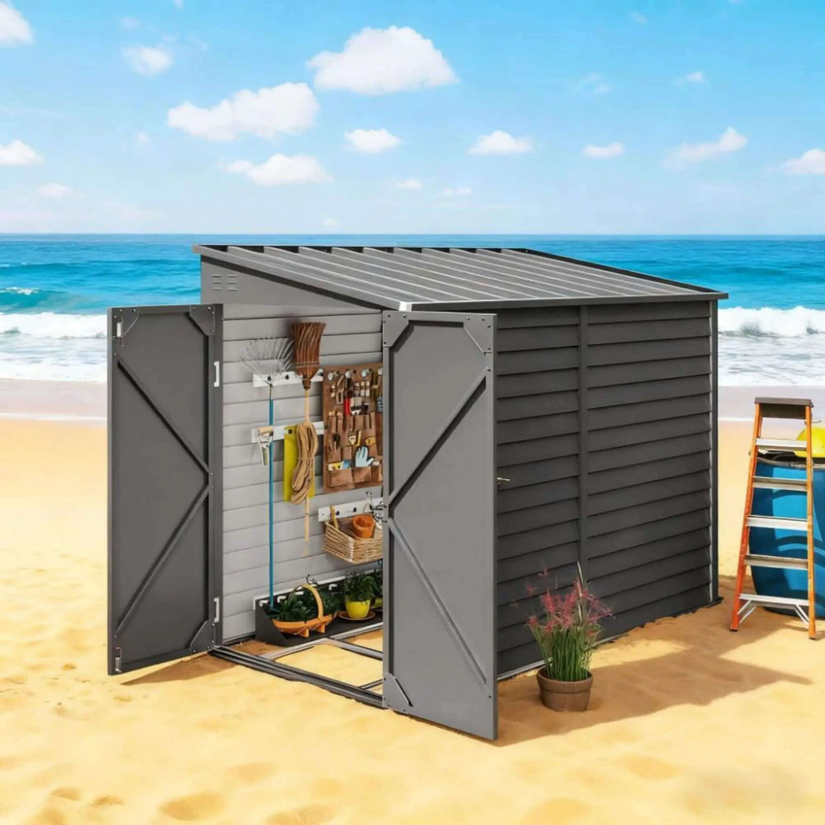 Galvanized Steel Storage Shed | Heavy-Duty Outdoor Design | Lockable Double Doors | Rust And UV Resistant