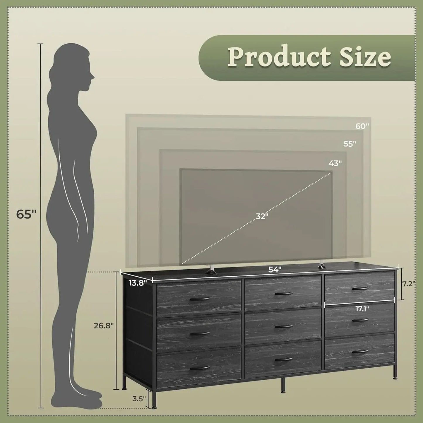 9 Drawer Dresser TV Stand 55 Inch Charcoal Black Wood Grain from PriceLows™