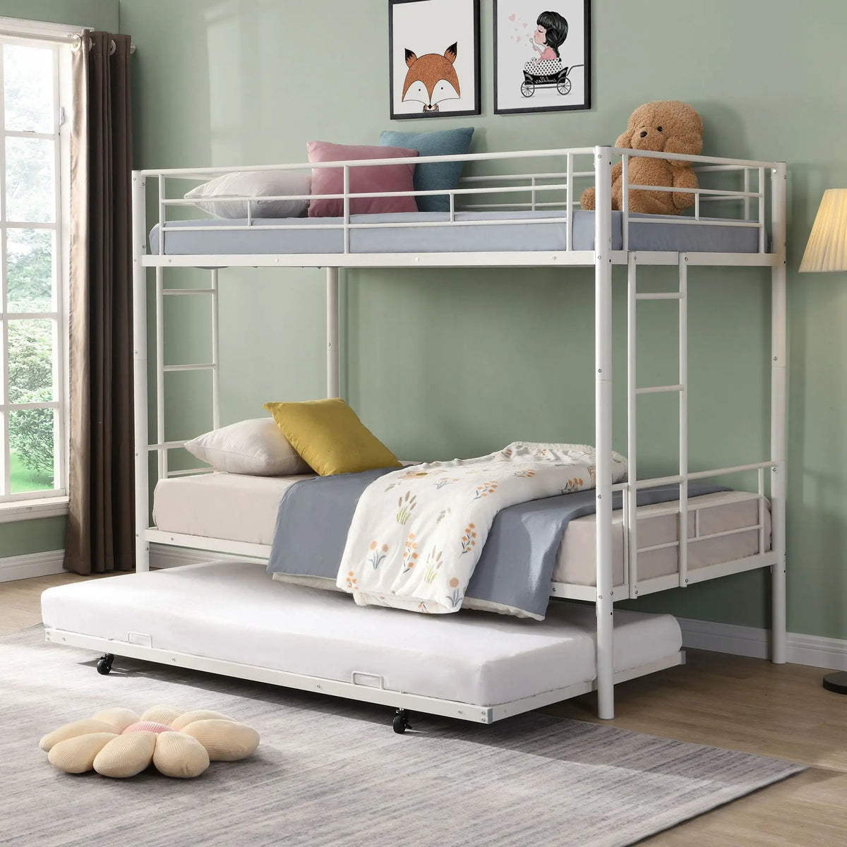 Bunk Bed With Trundle | Heavy Duty Steel | Space Saving | Twin Top