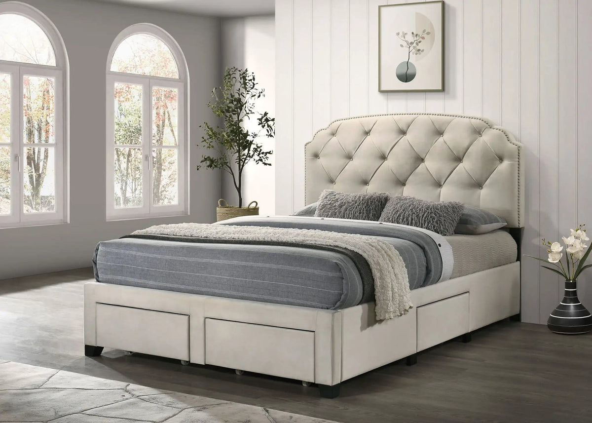 Marianna 4-drawer Upholstered Queen Storage Bed | 64.25 x 88.5 x 52.25 in | Rubberwood & Engineered Wood | Cream