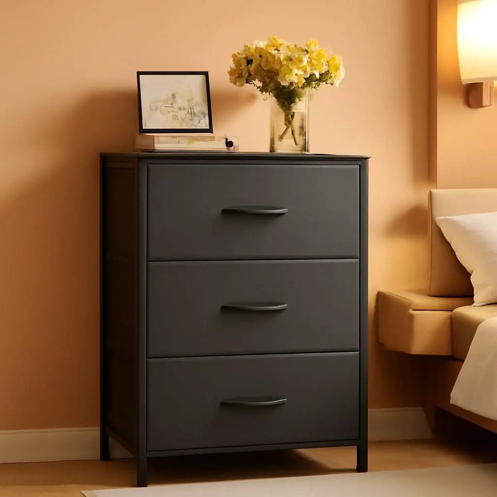 Dark Grey Dresser Nightstand With 3 Drawers Space Saver from PriceLows™