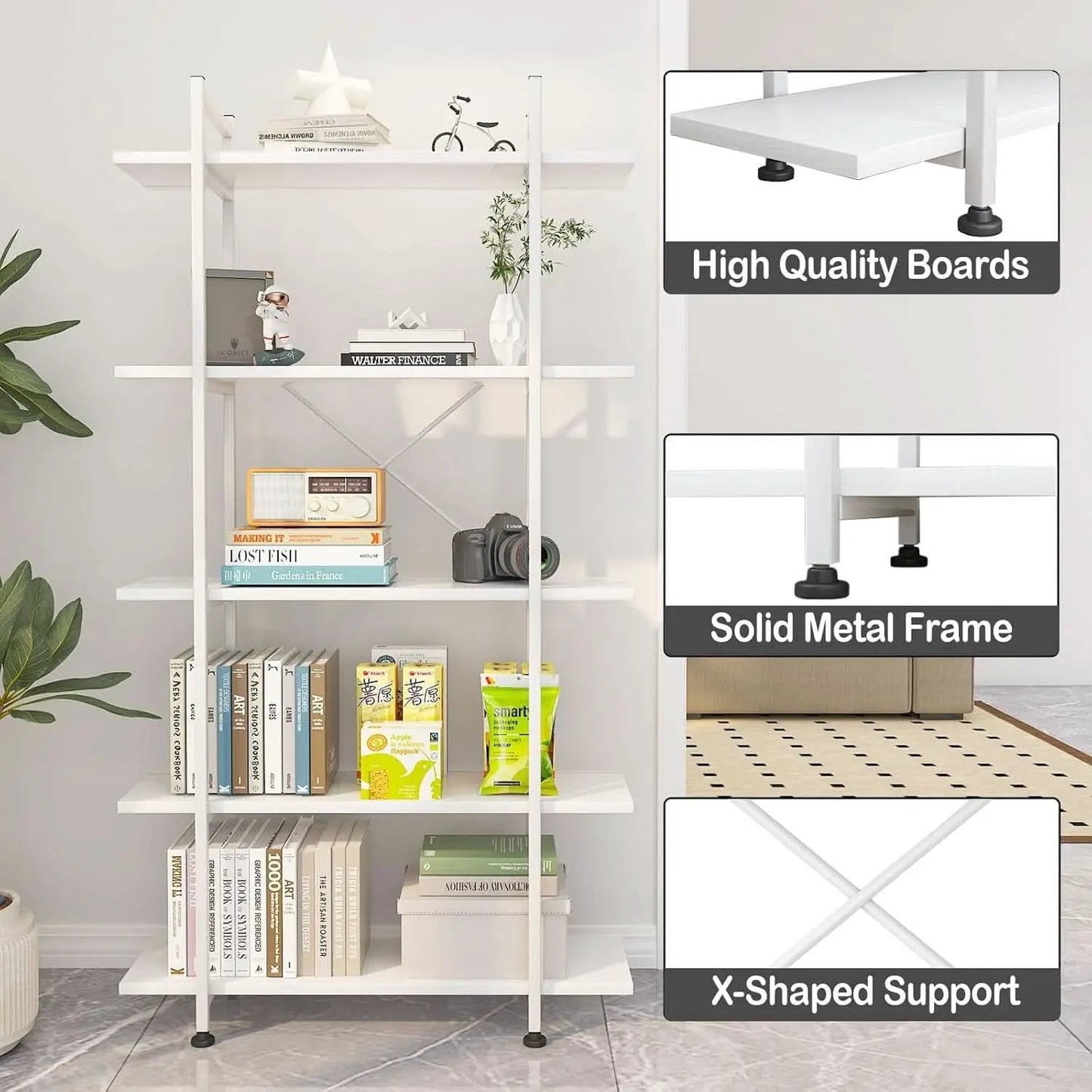 White 5 Tier Wooden Bookcase Tall Storage Organizer from PriceLows™