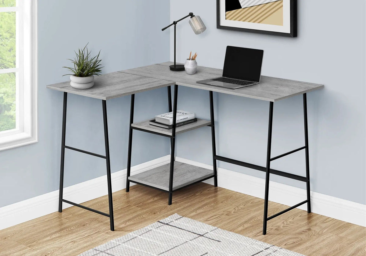Industrial L-Shaped Corner Desk | 47.25 Inch Width | 2 Open Shelves | Sawhorse-Style Legs