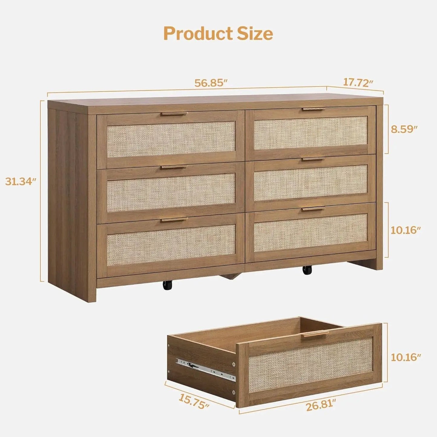 Rattan Dresser FiftySixPointNineInches Wide Six Drawer from PriceLows™