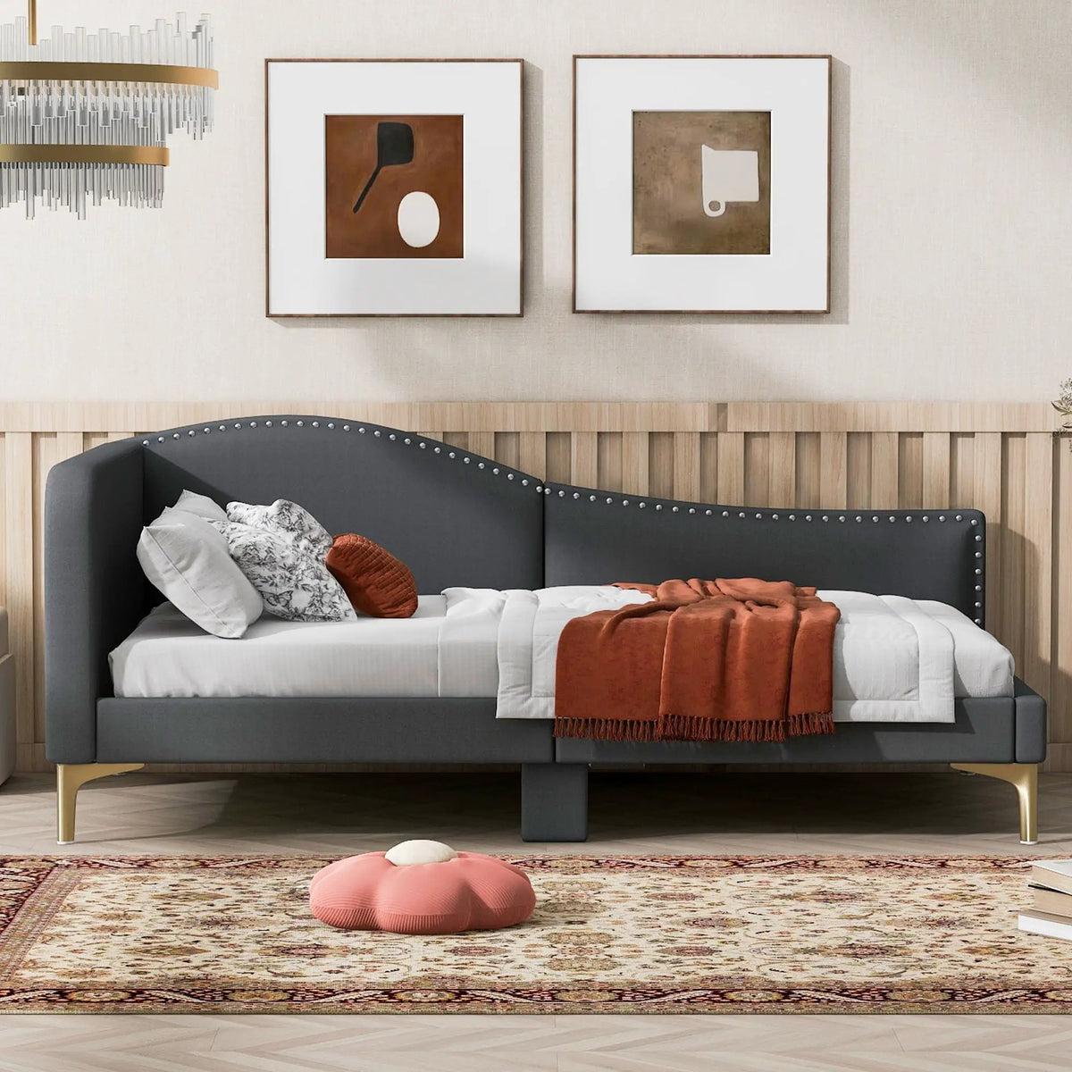 Upholstered Daybed | Headboard And Armrest | Support Legs | 80.5 Inch Length