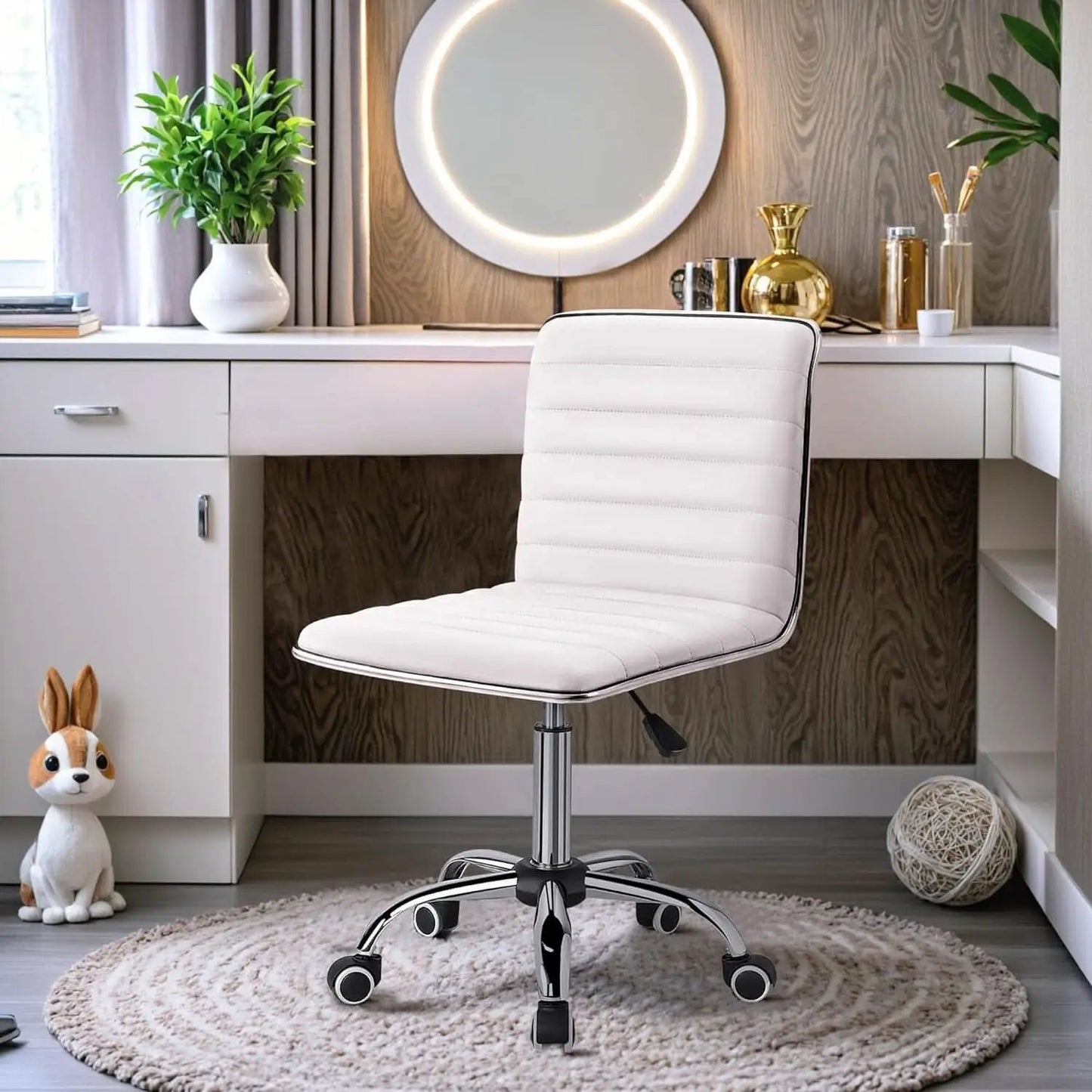 Mid Back Vanity Chair White PU Leather Swivel Office Chair from PriceLows™