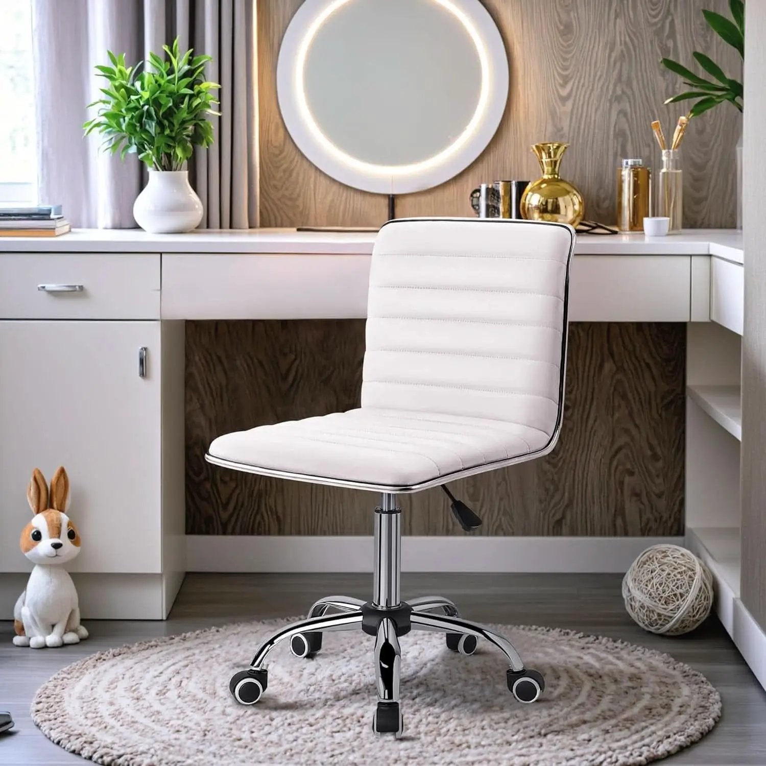 Mid Back Vanity Chair White PU Leather Swivel Office Chair from PriceLows™