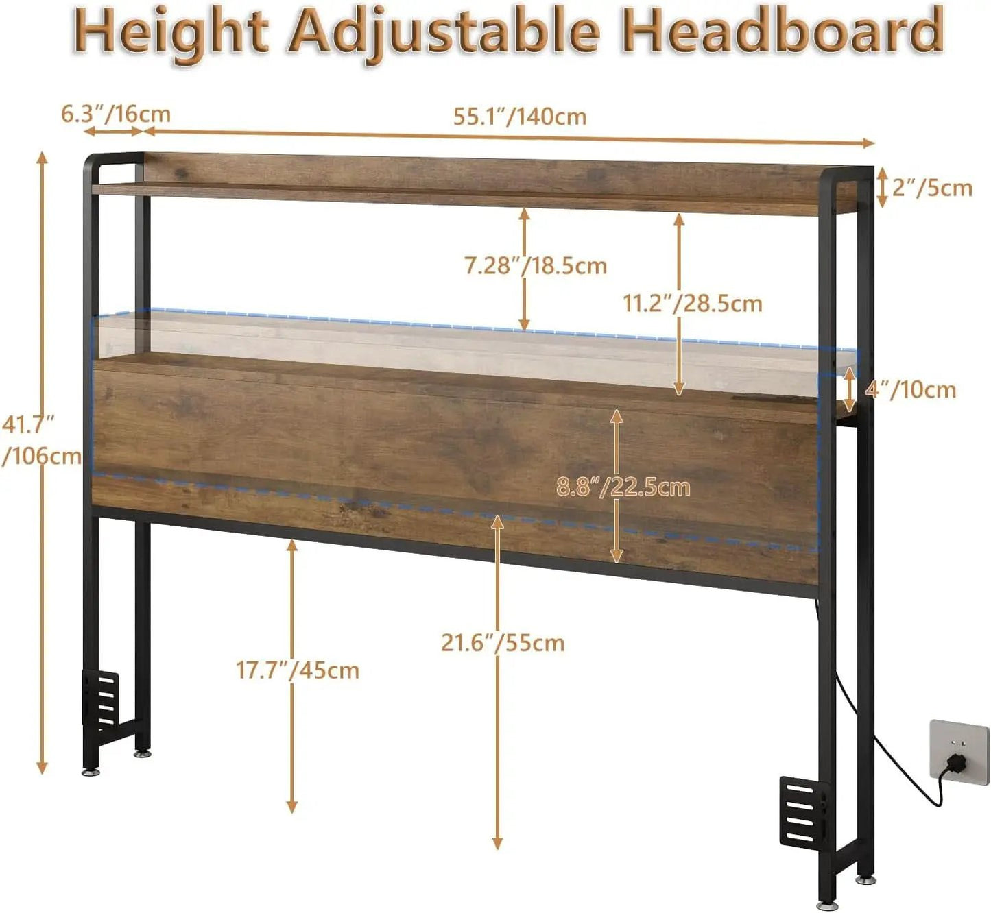 Adjustable Full Size Headboard with USB Ports and Storage from PriceLows™