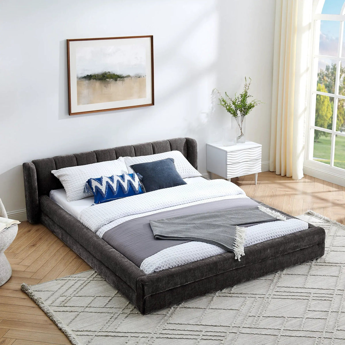 Modern Upholstered Bed Frame | Queen Size | Thick Fabric Upholstery | Grounded Headboard Design
