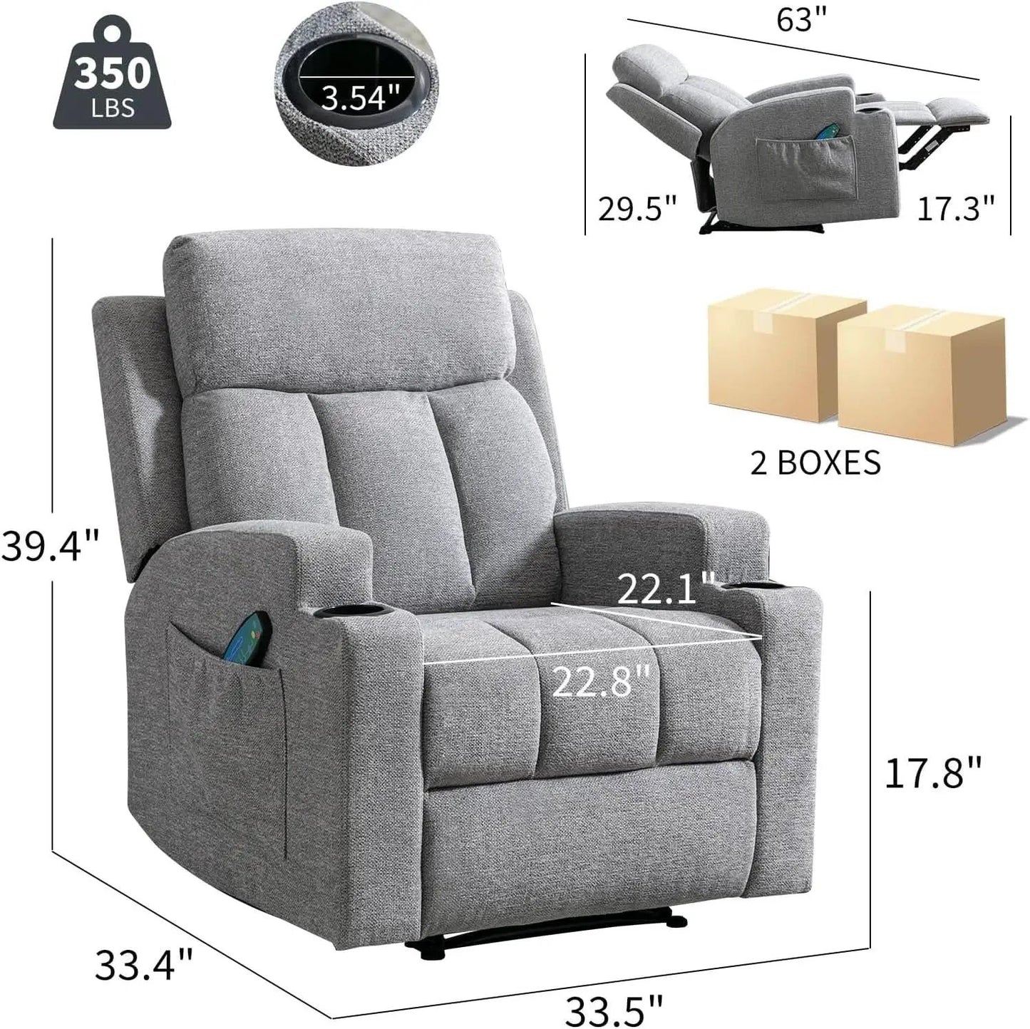 Light Grey Upholstered Manual Recliner With Massage from PriceLows™