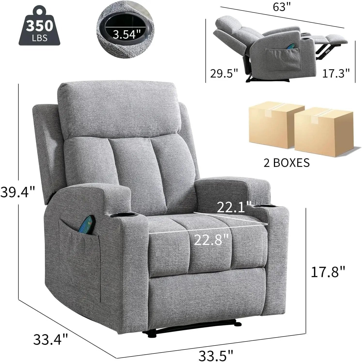 Light Grey Upholstered Manual Recliner With Massage from PriceLows™
