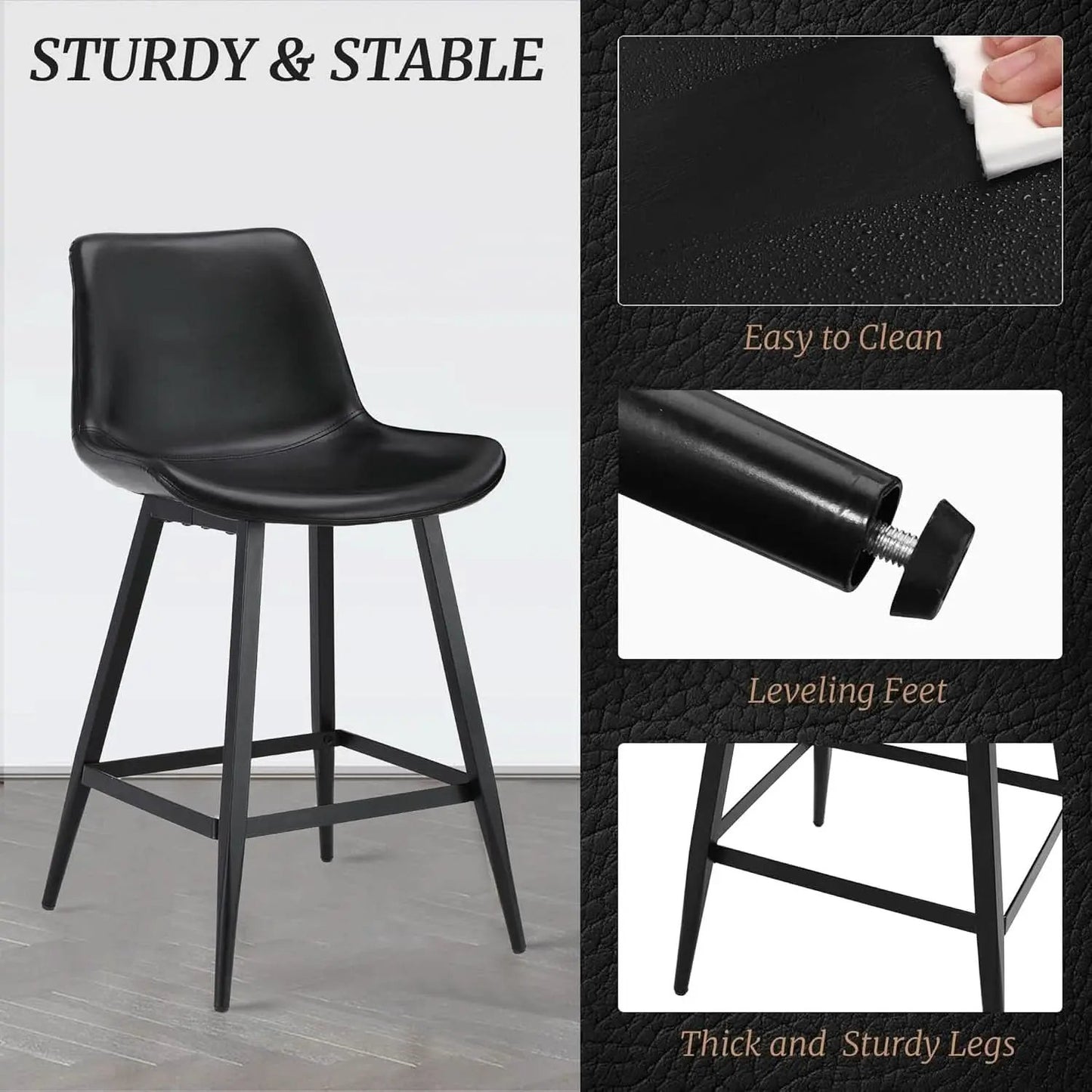 24 Inch Modern Bucket Bar Stool Set Of 3 With Back And Footrest In Faux Leather Black from PriceLows™