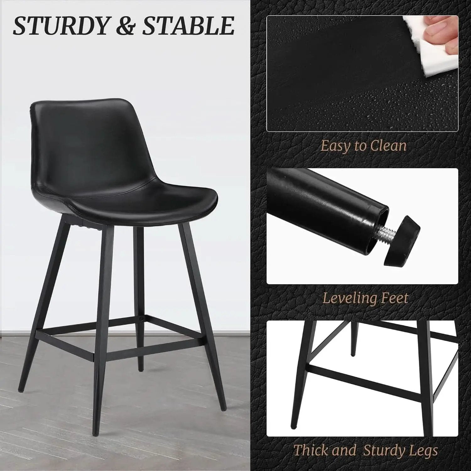 24 Inch Modern Bucket Bar Stool Set Of 3 With Back And Footrest In Faux Leather Black from PriceLows™