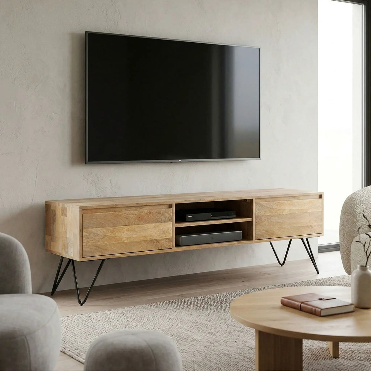 Hunter Handcrafted TV Media Stand | 68 x 15 x 20 in | Iron & Metal | Natural