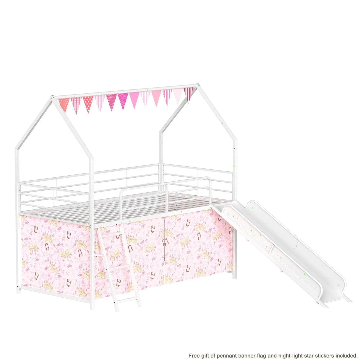 Jack House Loft Bed With Slide And Curtain Set | 5 Pieces | Metal | Bedroom