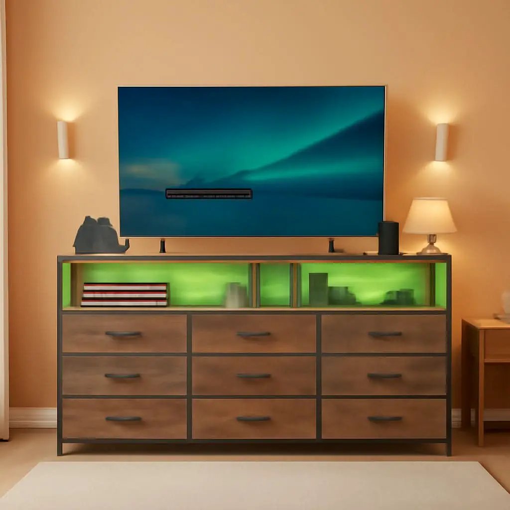55 Inch Rustic Brown 9-Drawer Entertainment Dresser from PriceLows™
