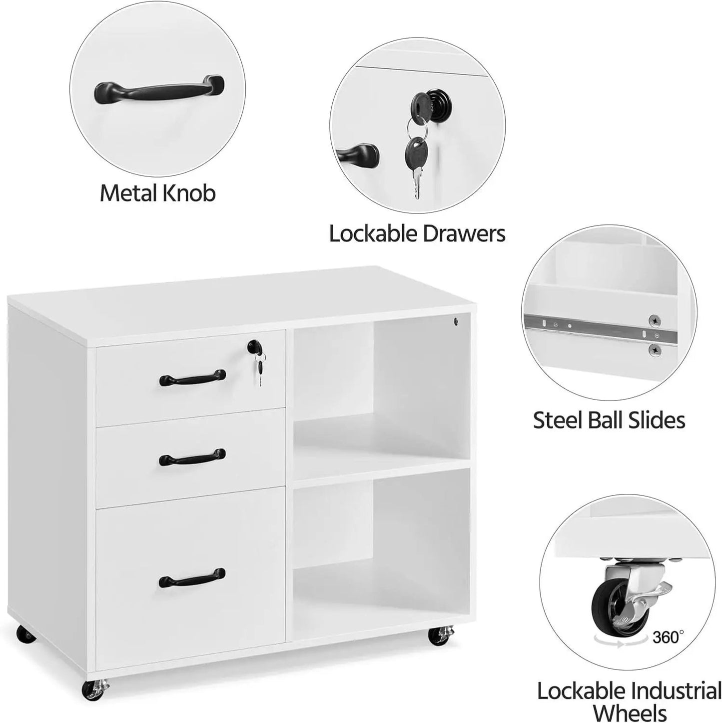 3 Drawer File Cabinet White Mobile Lateral Filing Cabinet With Lockable Top Drawer And Open Shelves For Home Office from PriceLows™