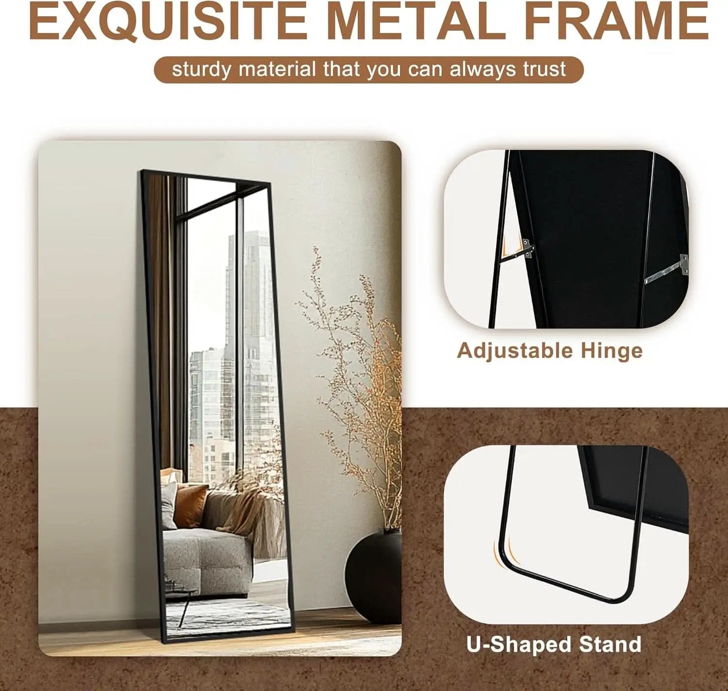 Full Length Floor Mirror 56x15 Inch Black Frame Stand from PriceLows™