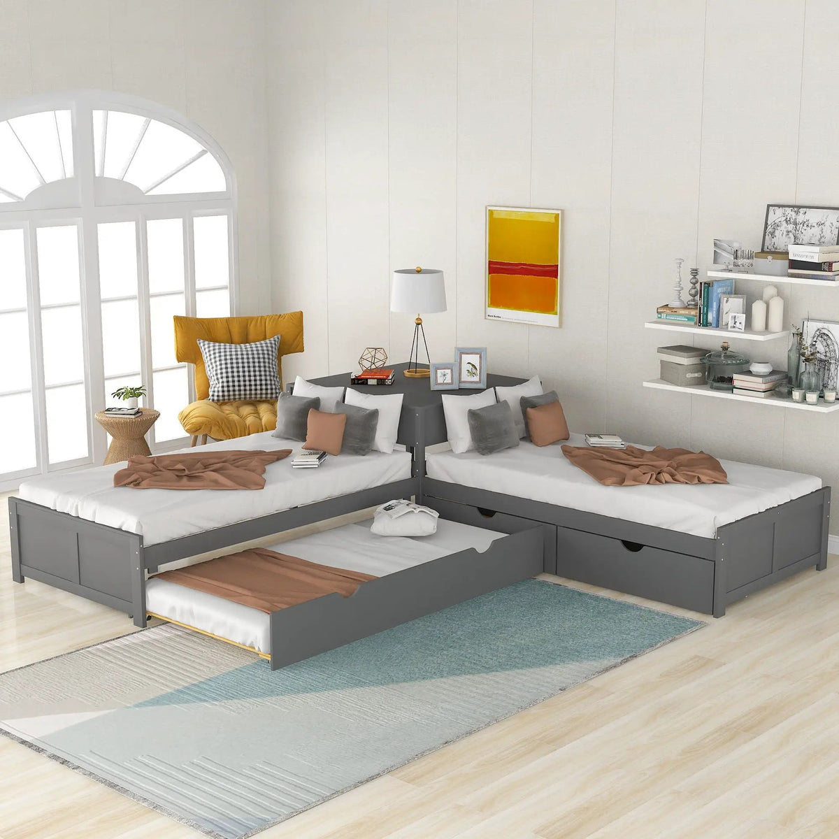 L Shaped Platform Bed | Built In Desk | Trundle With Drawers | Twin Size