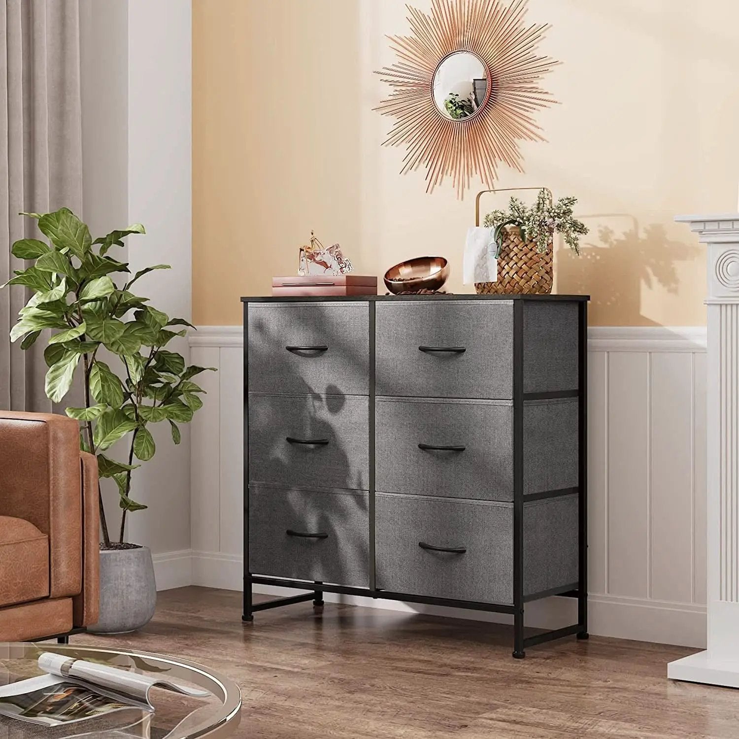 Six Drawer Dark Grey Fabric Dresser For Bedroom Storage from PriceLows™