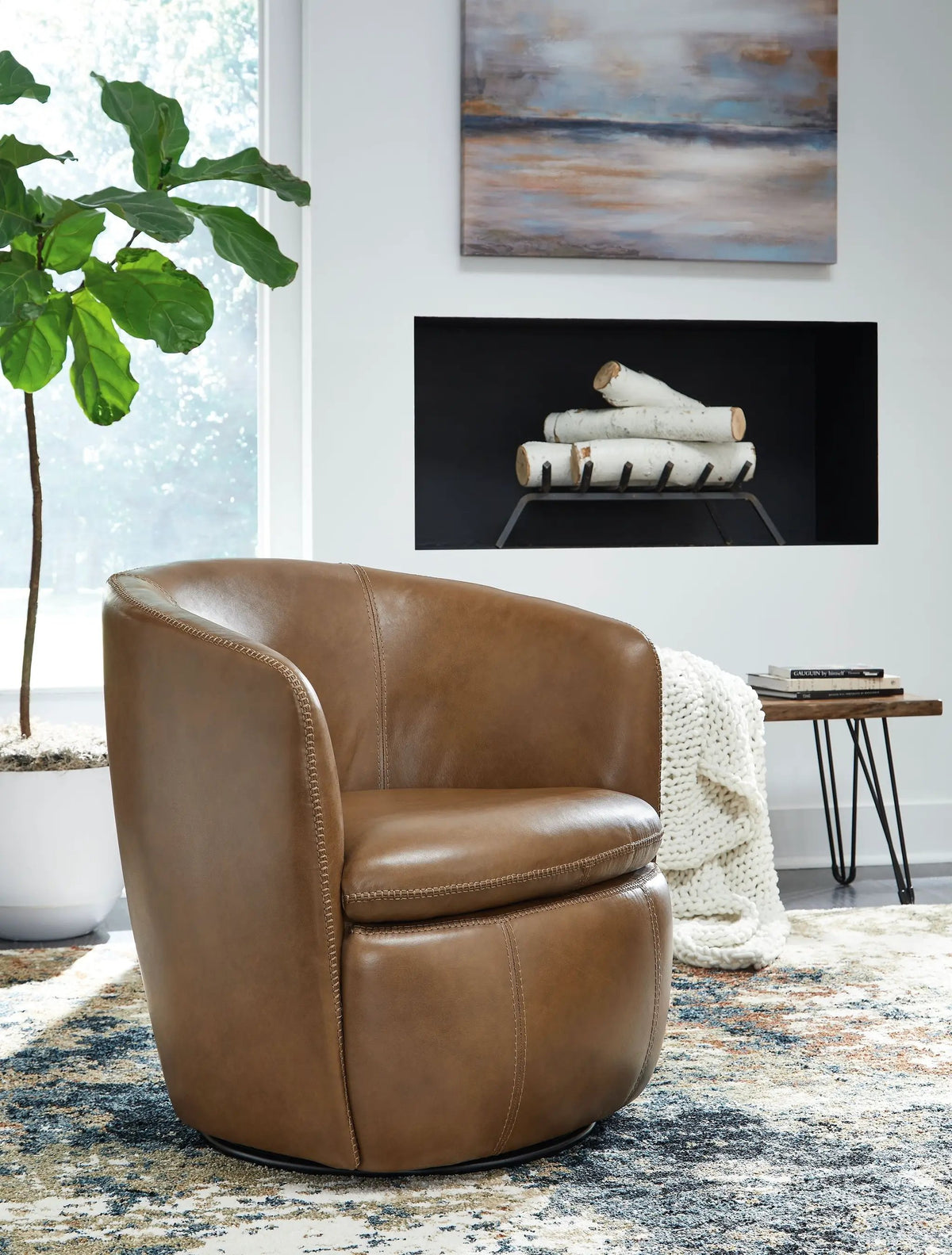 Kierreys Swivel Accent Chair | Supple Leather | Barrel Back | 31.63 Inch Height