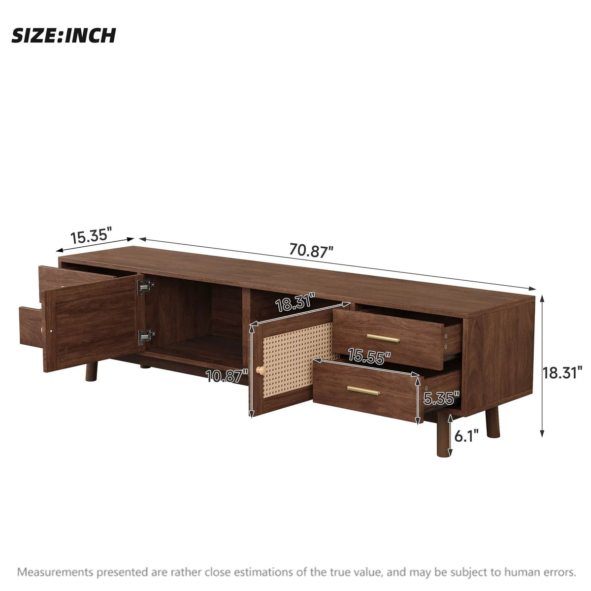 70 Inch TV Stand With Doors | Fits TVs Up To 80 Inch | 4 Drawers | Woven PE Rattan Doors
