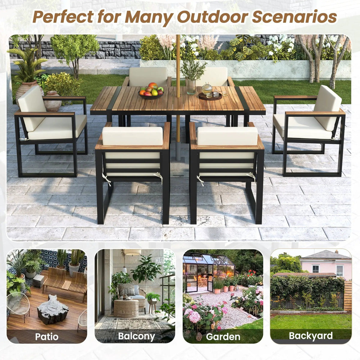 7-Piece Outdoor Dining Set | Acacia Wood And Steel Frame | Removable Cushions | Patio Table And Chairs
