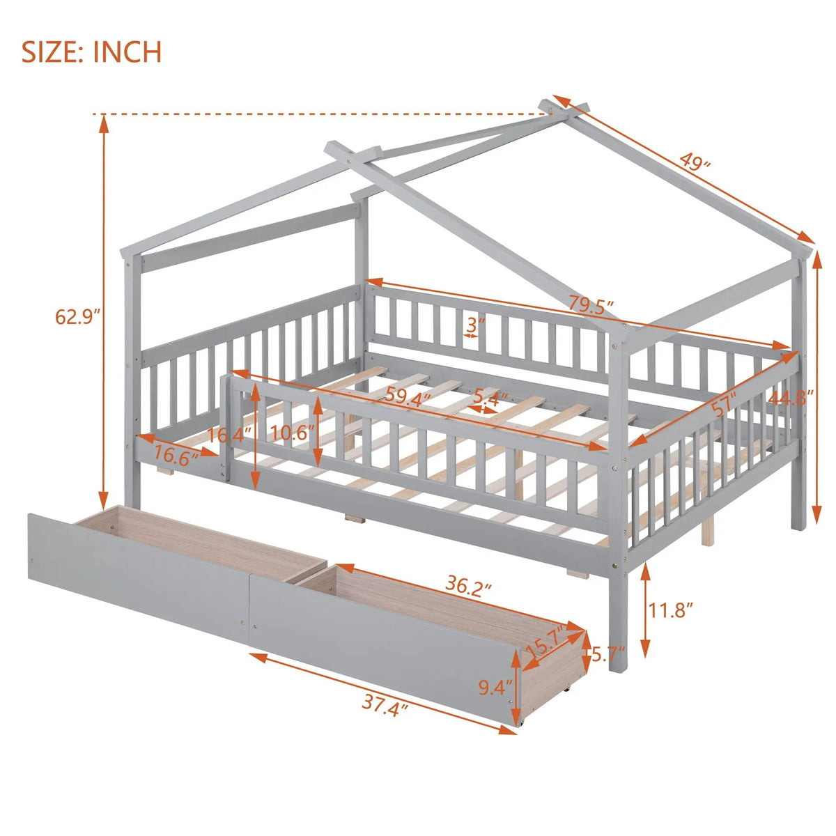 Kids House Bed With 2 Drawers | Sky Roof Design | Classic House Shape | 62.9 Inch Height