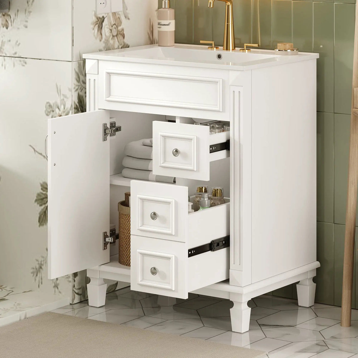 24 Inch Compact Bathroom Vanity | 2 Deep Drawers | Adjustable Shelf | Retro Button Handles