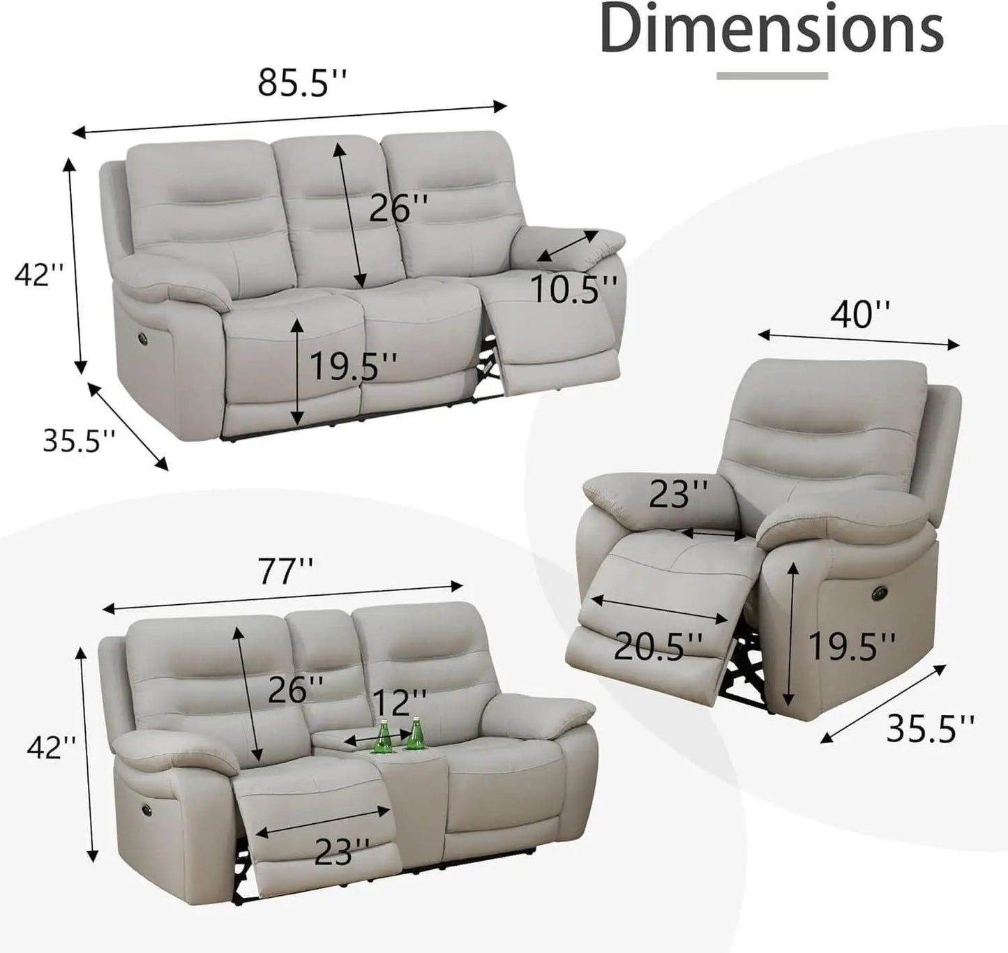 Genuine Leather Power Recliner Sofa Set 3 Piece Light Grey from PriceLows™