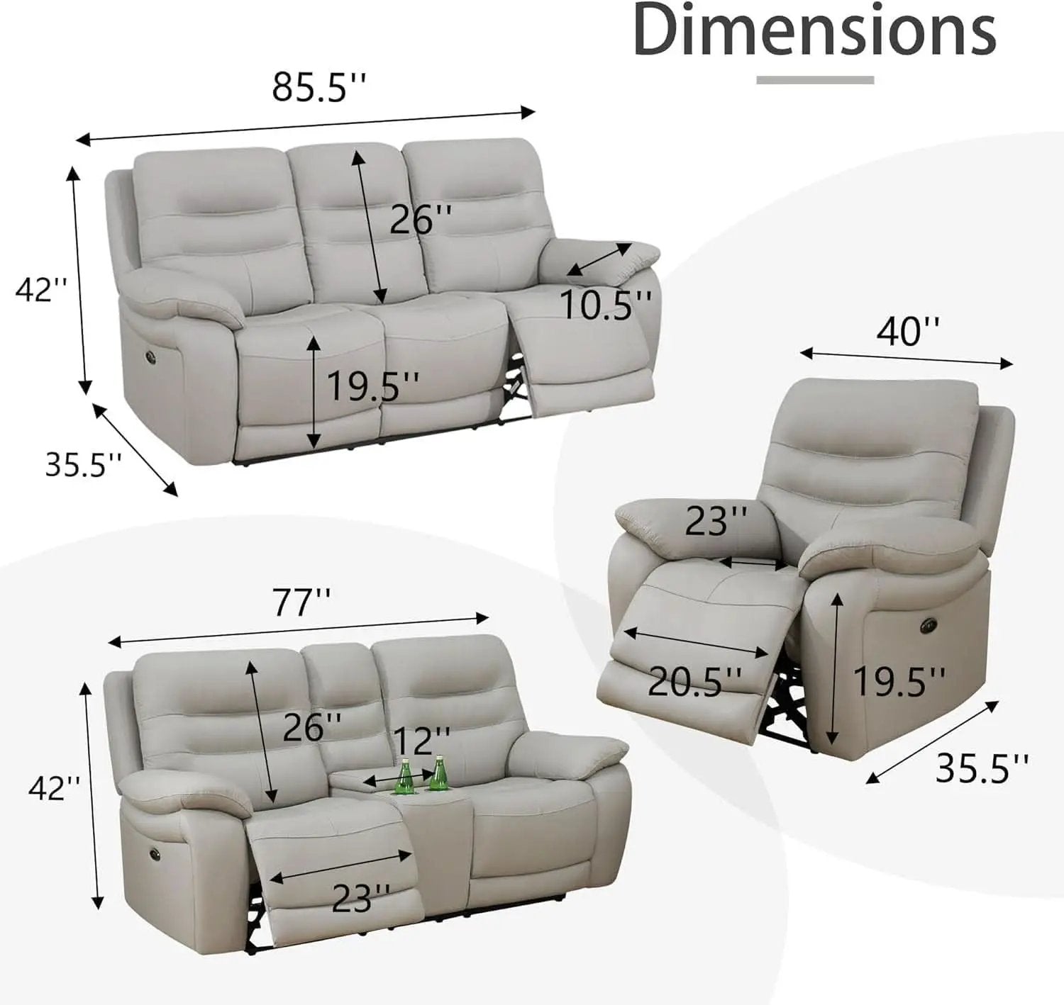 Genuine Leather Power Recliner Sofa Set 3 Piece Light Grey from PriceLows™