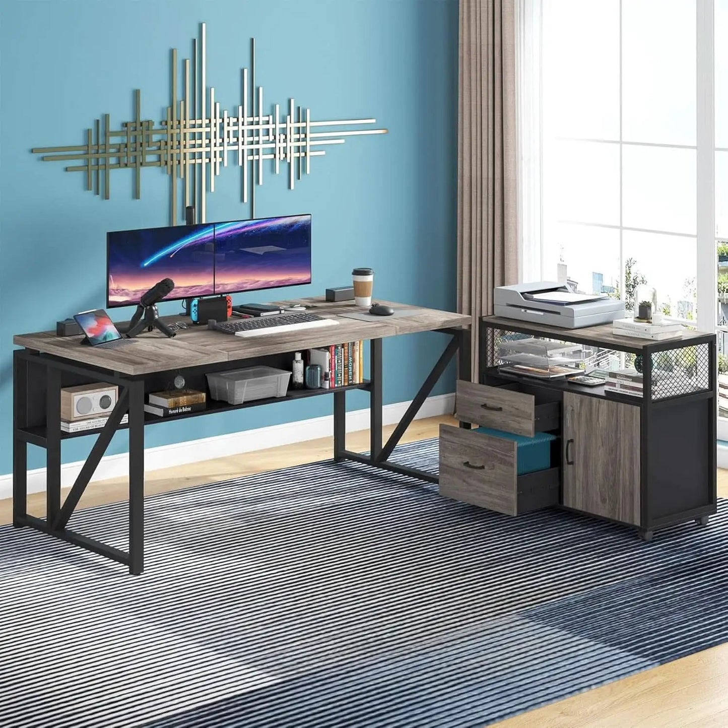 L Shaped Desk With Drawer Cabinet And Lateral File Cabinet 63 Inch Gray from PriceLows™
