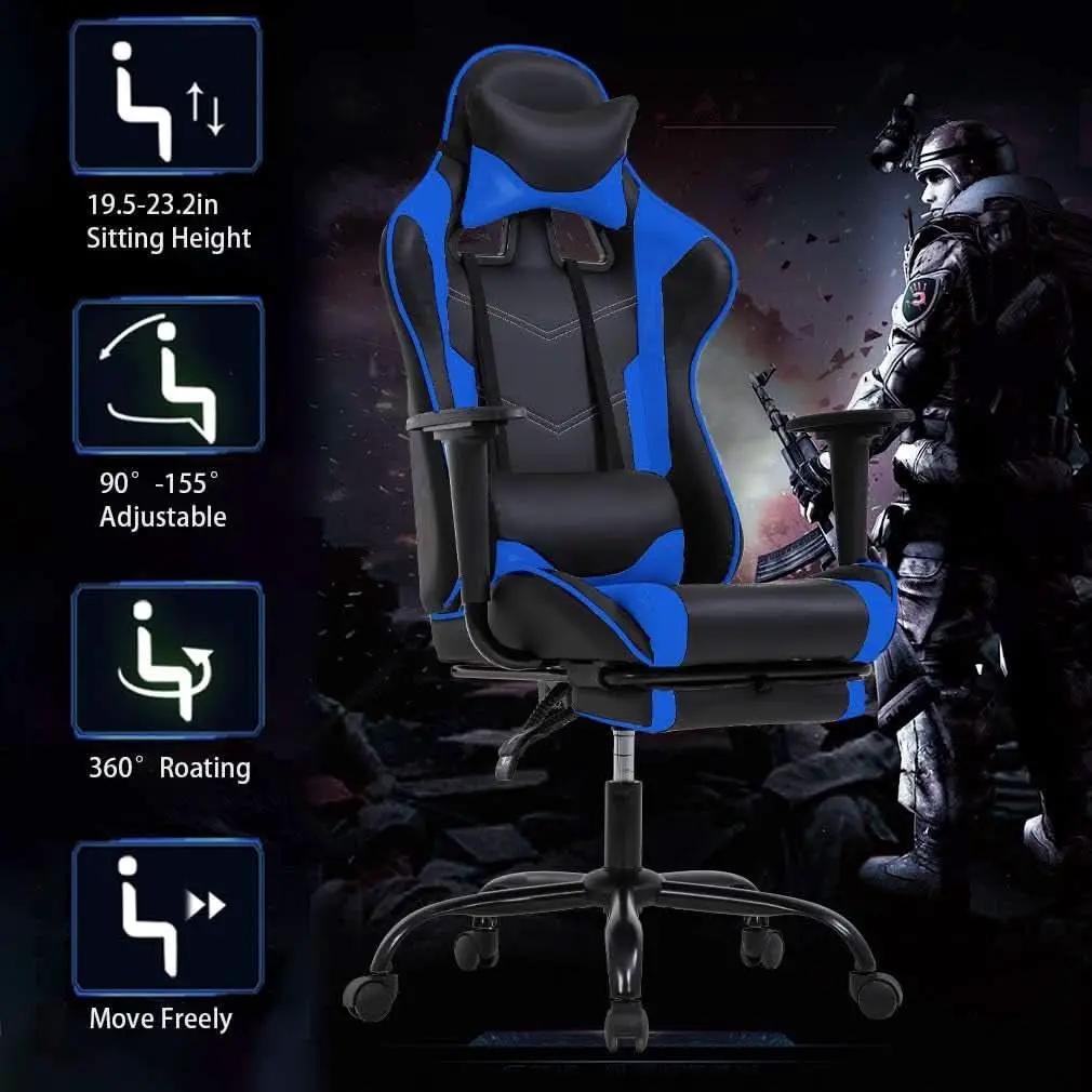 Blue Gaming Chair With Footrest And Lumbar Support For Desk from PriceLows™