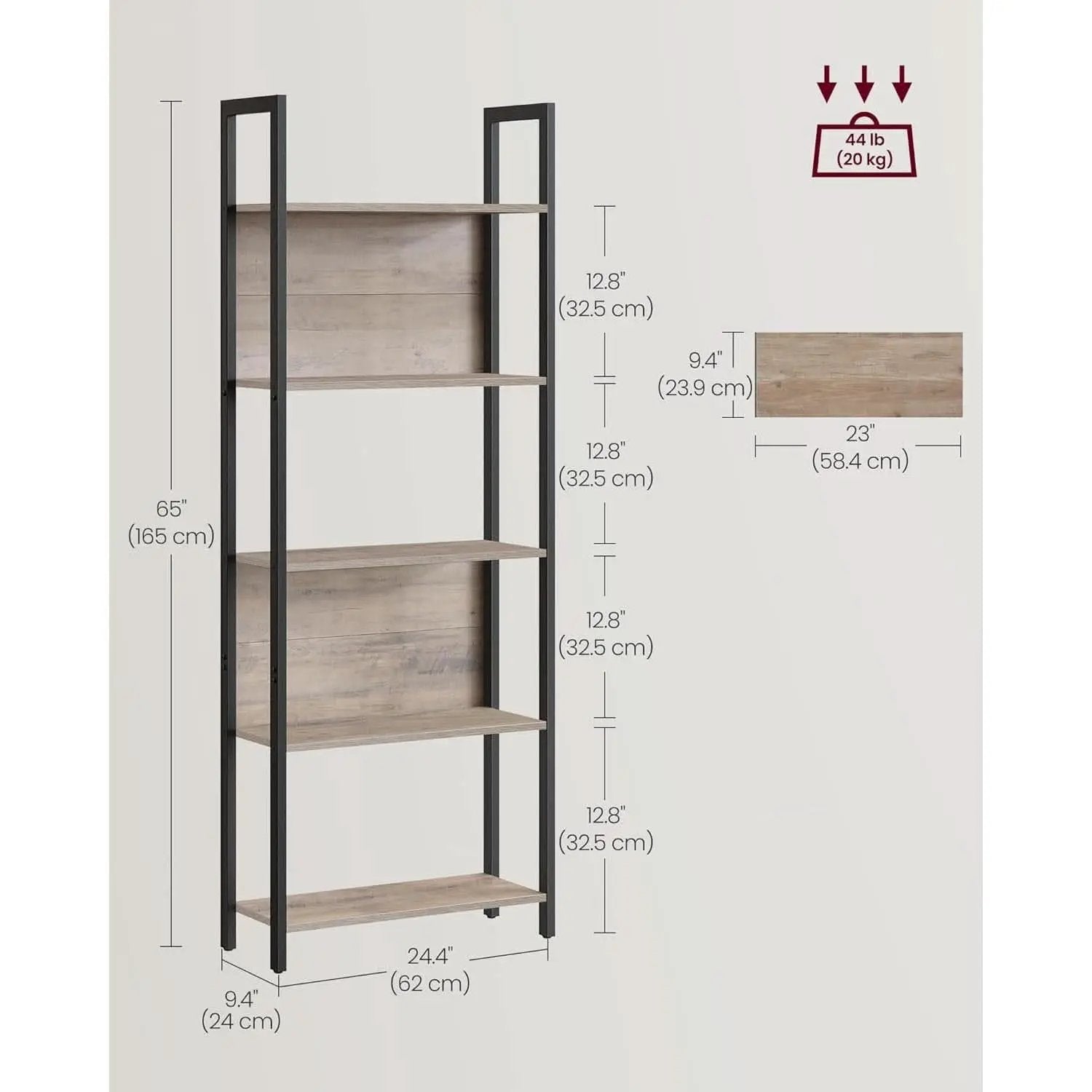 5 Tier Bookshelf Steel Frame 9.4Dx24.4Wx65H Greige Black from PriceLows™
