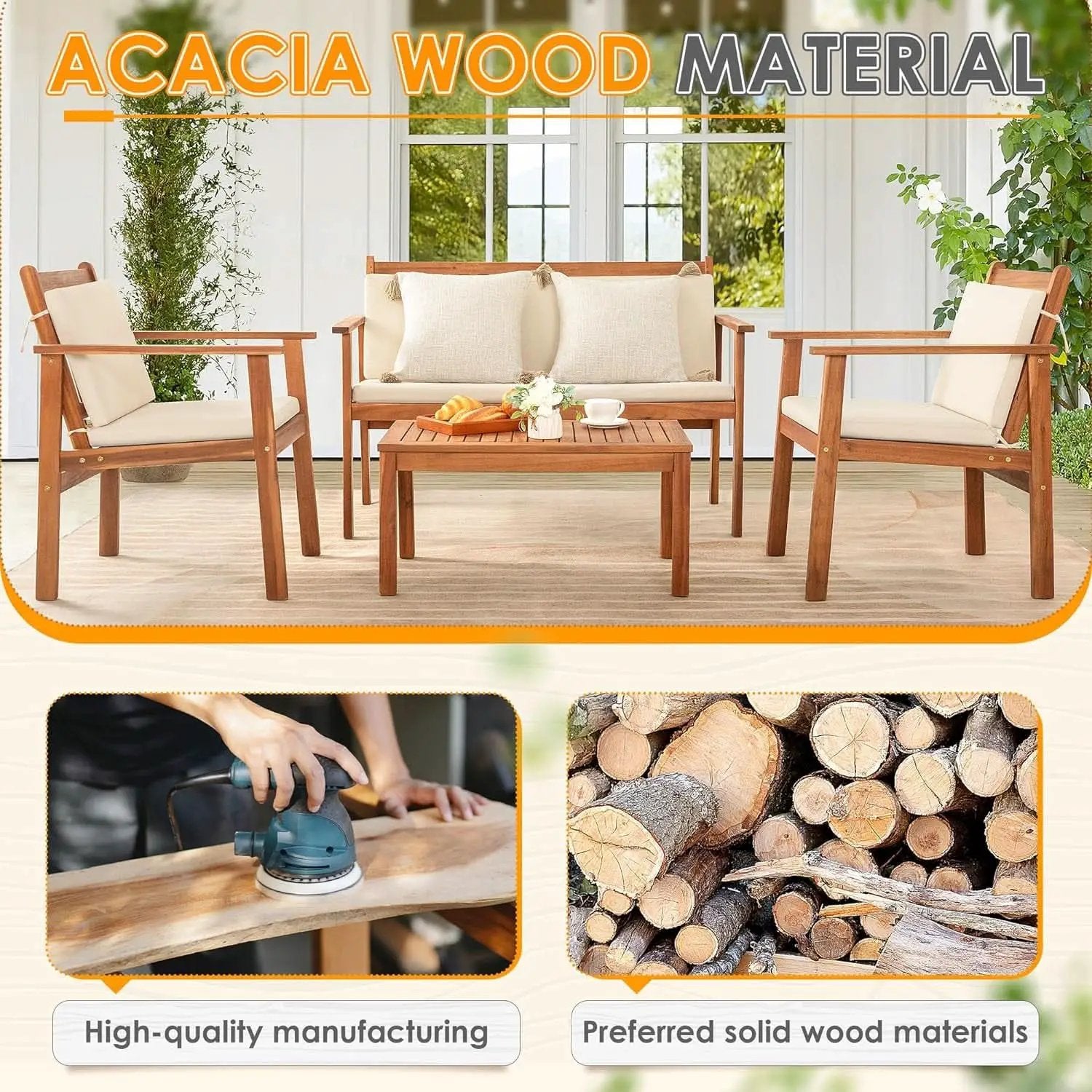 4 Piece Patio Bistro Set With Water Resistant Cushions In Acacia Wood from PriceLows™