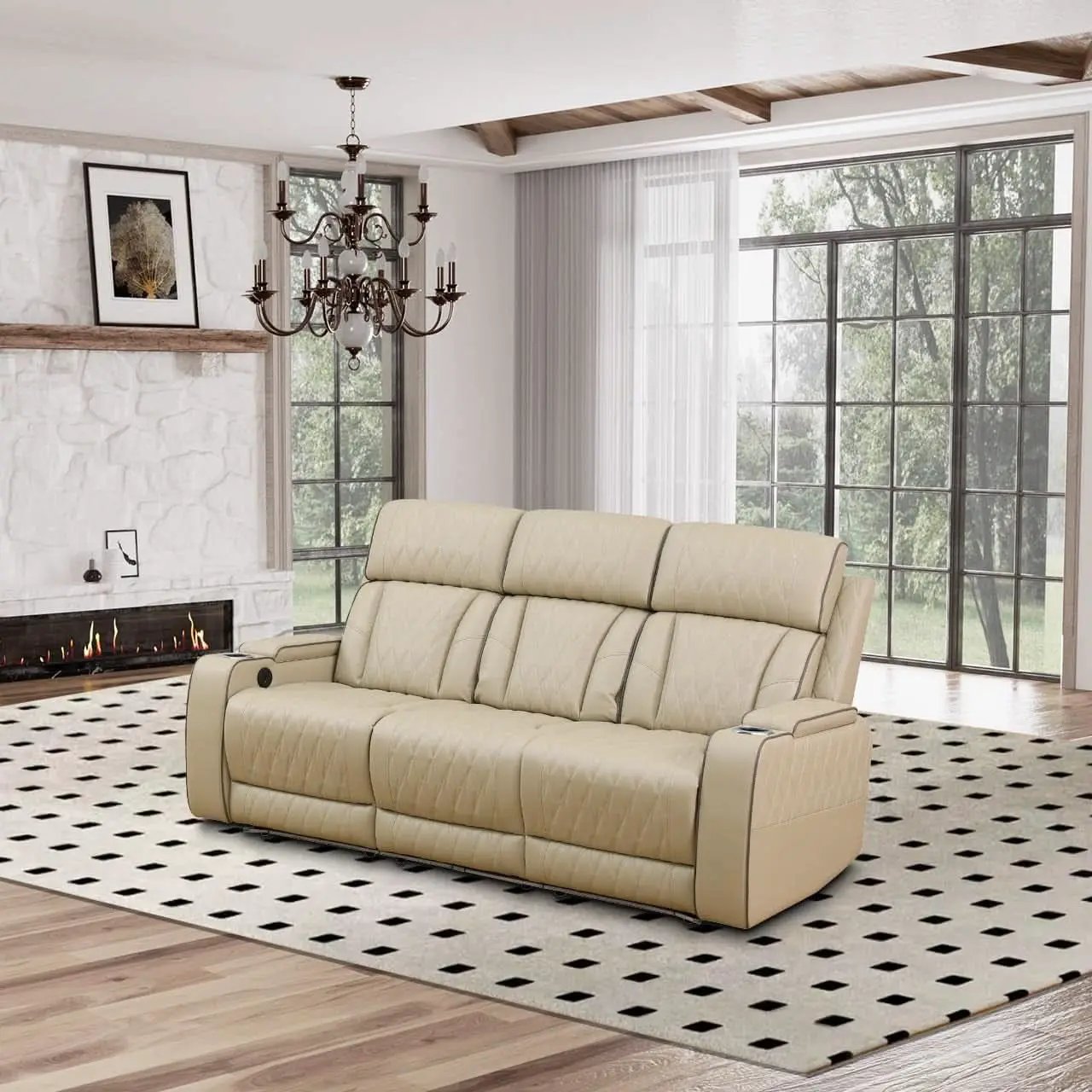 Power Reclining Leather Sofa Set With USB Ports Khaki from PriceLows™