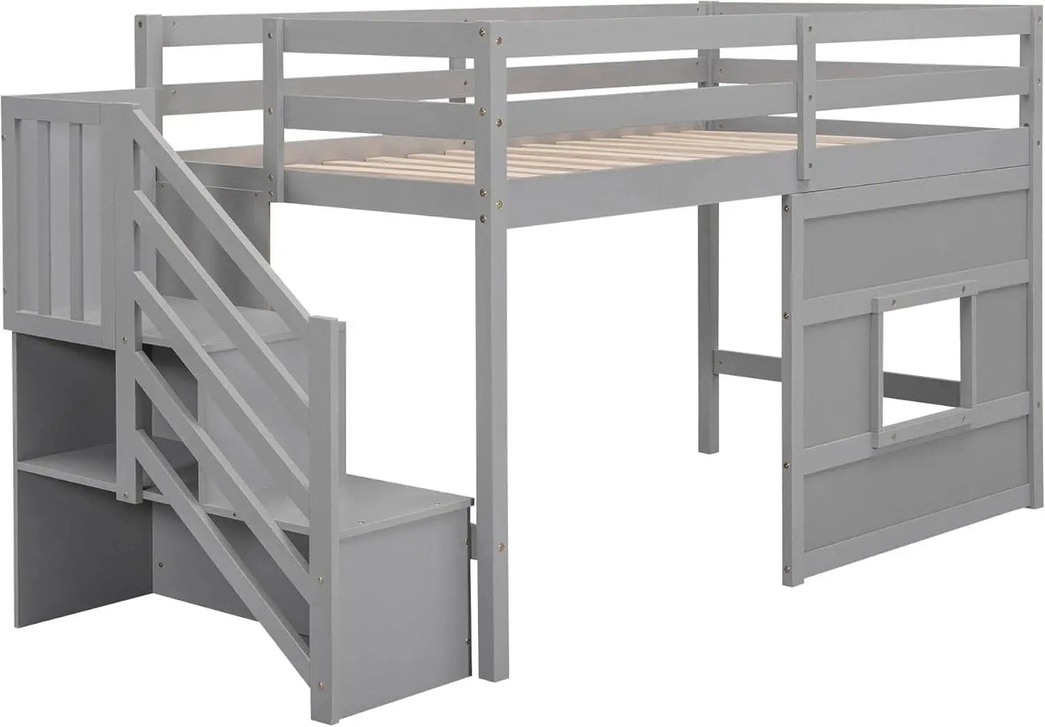 Twin Size Low Loft Bed In Gray With Stairs Storage from PriceLows™