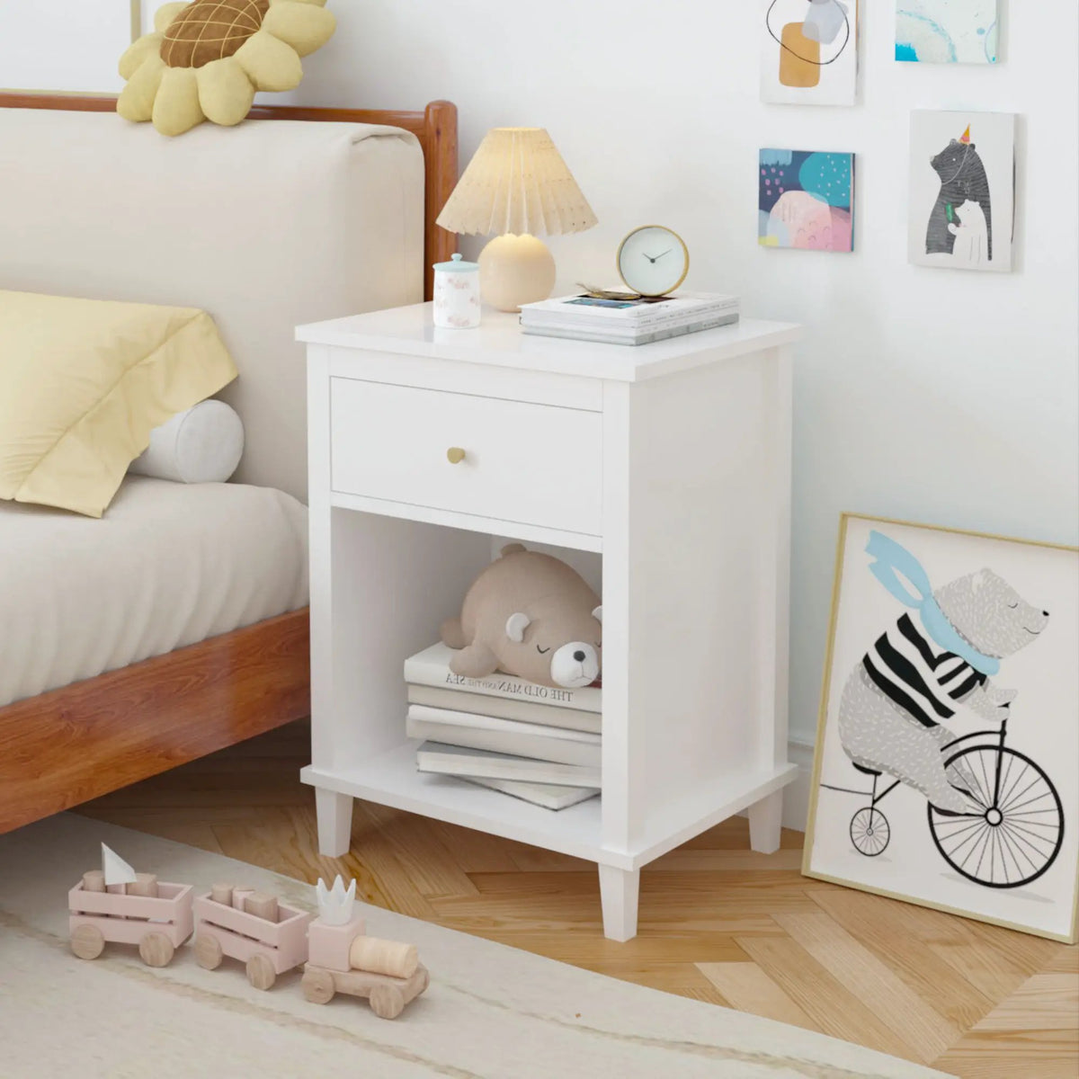 Nightstand | 1 Drawer 1 Shelf | White MDF | Tip Resistant