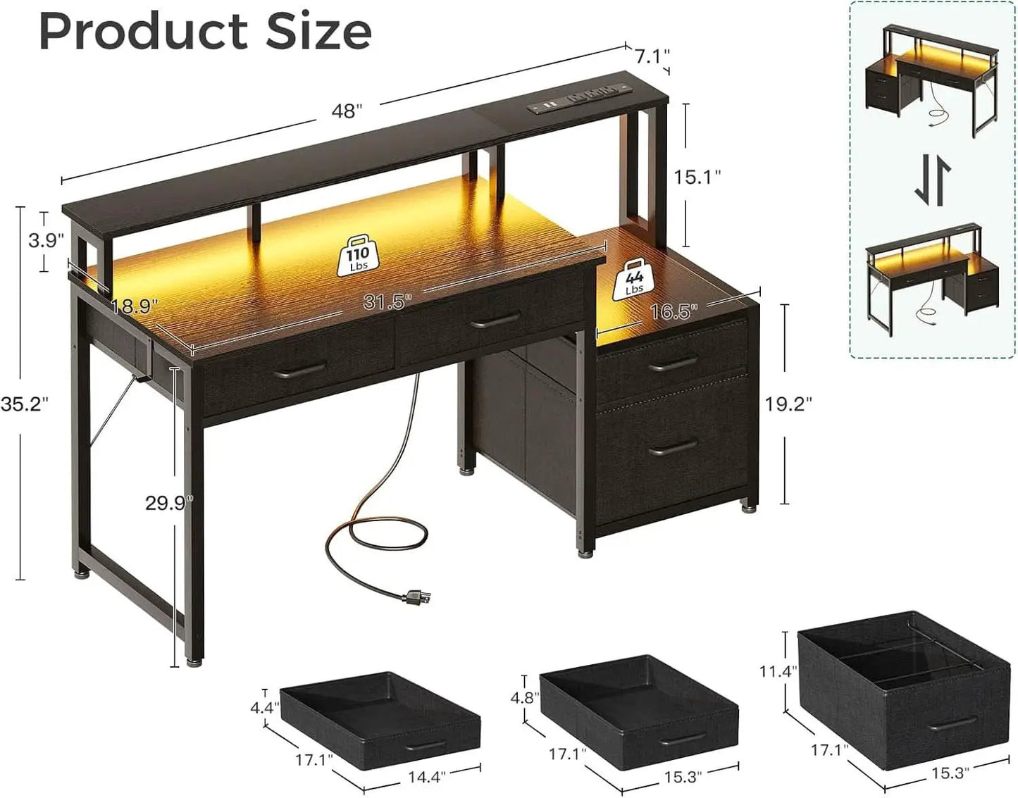 48-Inch Black Gaming Desk With LED Lights And Power Outlets from PriceLows™